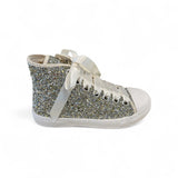 Sneakers DXO mid in glitter platino con lacci in raso e zip laterale