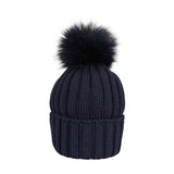Cappello blu navy GIO HIGUAMY a coste misto lana con pompon in volpe ecologica