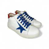 Sneaker LESCOUCOU in pelle bianca/bluette e suede rosso con lacci e zip laterale