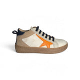 Sneakers LESCOUCOU in pelle panna/arancio/blu e suede beige con lacci e zip laterale