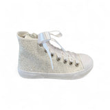 Sneakers DXO mid in glitter bianco con lacci in raso e zip laterale