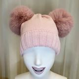 Cappello rosa GIO HIGUAMY misto lana con doppio pompon in volpe ecologica