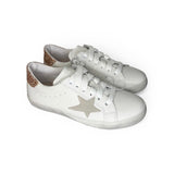 Sneakers DIANETTI in pelle bianca e glitter rame rosato con lacci e cerniera