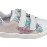 SNEAKERS NATURINO in pelle bianca, nylon rosa, dettagli glitter con doppio velcro