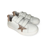 Sneakers primi passi LESCOUCOU in pelle bianca/cipria e glitter rosè con velcri