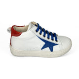 Sneaker LESCOUCOU in pelle bianca/bluette e suede rosso con lacci e zip laterale