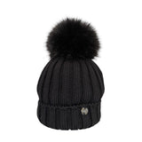 Cappello nero GIO HIGUAMY a coste misto lana con pompon in volpe ecologica