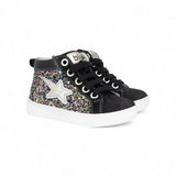 SNEAKERS BALOCCHI mid in pelle e nubuk nero, glitter multicolors con lacci e zip laterale