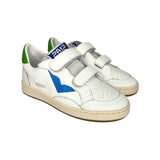 Sneakers 2B12 in pelle bianca, dettagli bluette e verde con velcri