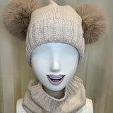 Cappello beige GIO HIGUAMY misto lana con doppio pompon in volpe ecologica