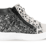 SNEAKERS BALOCCHI mid in pelle e nubuk beige-nero, glitter neri con lacci e zip laterale