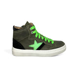 Sneaker DIANETTI  mod basket mid in nubuk verde militare/suede nero e verde fluo con lacci e zip laterale