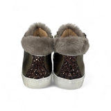 Sneaker DIANETTI  mod basket mid in pelle metallizzata bronzo/glitter/pelliccia tortora con lacci e zip laterale