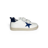 Sneakers primi passi LESCOUCOU in pelle bianca e suede blu con velcri
