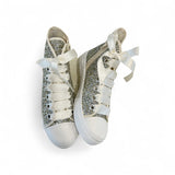 Sneakers DXO mid in glitter platino con lacci in raso e zip laterale