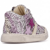 SNEAKERS PRIMI PASSI FALCOTTO in pelle glitterata argento e fuxia con lacci e zip laterale
