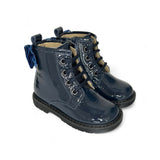 Anfibi Primi Passi LESCOUCOU in vernice blu con fiocco, lacci e zip laterale