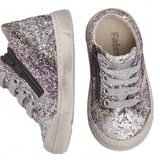 SNEAKERS PRIMI PASSI FALCOTTO in pelle glitterata argento e fuxia con lacci e zip laterale