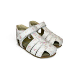 Sandali Primi Passi semi chiusi FALCOTTO in pelle bianca con stampa a fiori con velcro