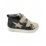 SNEAKERS BALOCCHI mid in pelle e nubuk beige-nero, glitter neri con velcri