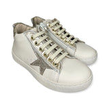 Sneaker LESCOUCOU in pelle panna e glitter oro con lacci e zip laterale