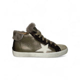 Sneaker DIANETTI  mod basket mid in pelle metallizzata bronzo/glitter/pelliccia tortora con lacci e zip laterale