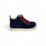 Sneakers primi passi FALCOTTO in suede blu navy con lacci rossi e zip laterale