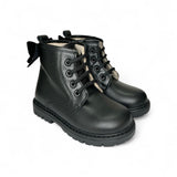 Anfibi Primi Passi LESCOUCOU in pelle nera con fiocco, lacci e zip laterale