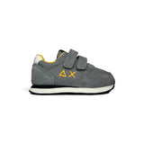 Sneakers ginniche SUN68 First Step boy in suede e nylon grigio/dettagli gialli con velcro