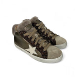 Sneaker DIANETTI  mod basket mid in pelle metallizzata bronzo/glitter/pelliccia tortora con lacci e zip laterale