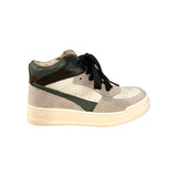 Sneakers CIAO BIMBI basket mid in pelle bianca/nera/verde-suede grigio con lacci e zip laterale