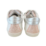 Sneakers DIANETTI in pelle bianca, suede rosa, dettagli glitter rosa, lacci e zip laterale