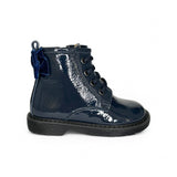 Anfibi Primi Passi LESCOUCOU in vernice blu con fiocco, lacci e zip laterale