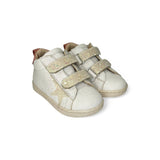 Sneakers primi passi LESCOUCOU in pelle panna/rosè e glitter con velcri